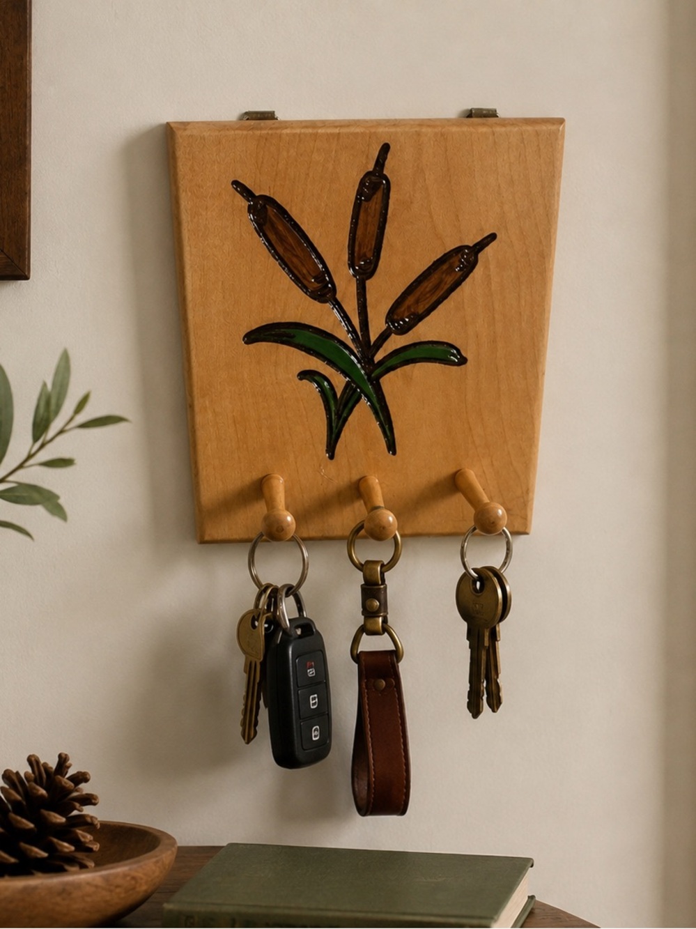 Wood Key Holder Cattails Entryway Wooden Pegs